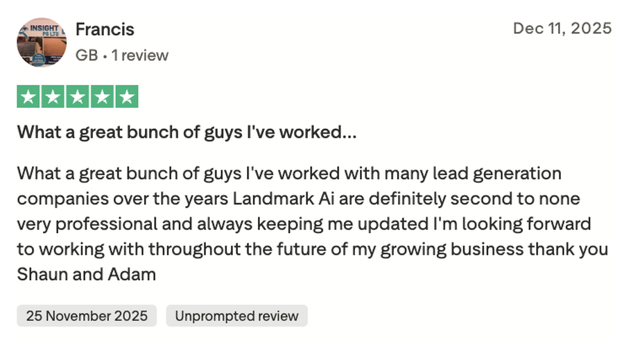 Trustpilot review from Francis: What a great bunch of guys I've worked with