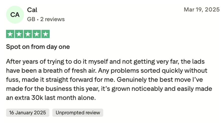 Trustpilot review from Cal: Spot on from day one