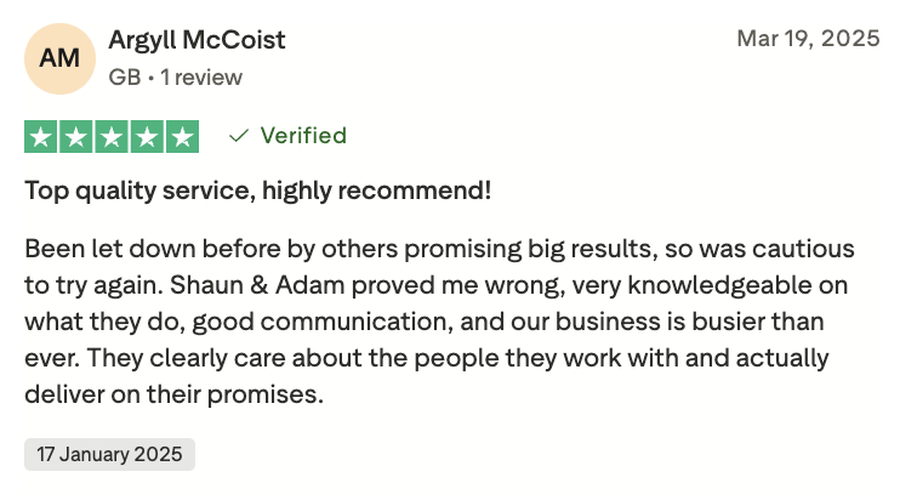 Trustpilot review from Argyll McCoist: Top quality service, highly recommend